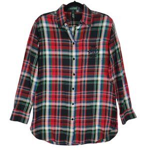 Lauren Ralph Lauren‎ Women's Long Line Pajama Top Royal Tartan Beaded Crest sz S